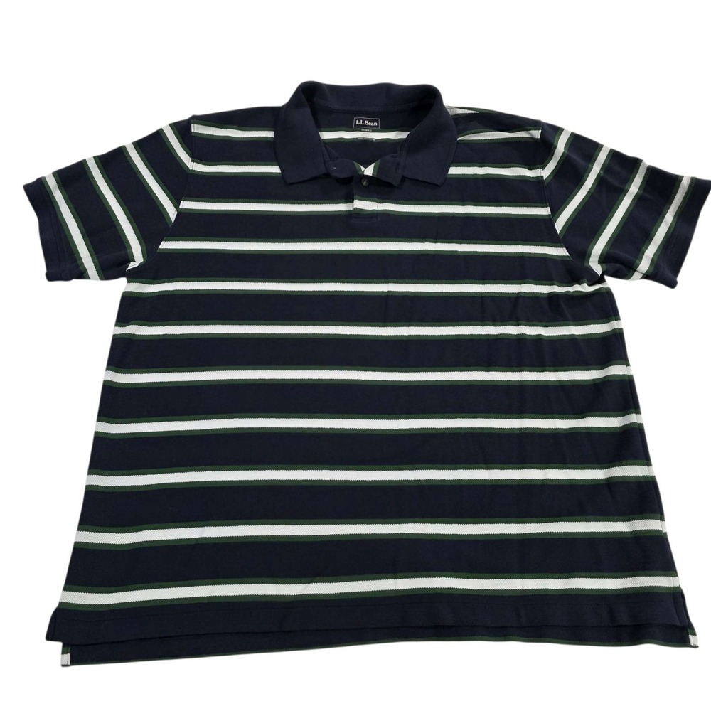 L.L.Bean Striped Trim Fit Polo Shirt Navy Green White XXL Men's Cotton Preppy